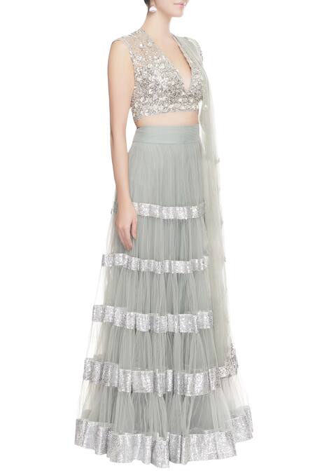 Seema Khan_Grey Net Embroidered Sequin Work V Neck Lehenga With  _Online_at_Aza_Fashions