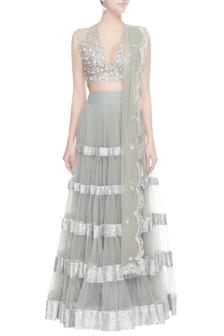 Shop_Seema Khan_Grey Net Embroidered Sequin Work V Neck Lehenga With  _Online_at_Aza_Fashions