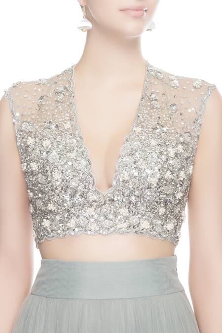 Seema Khan_Grey Net Embroidered Sequin Work V Neck Lehenga With  _at_Aza_Fashions