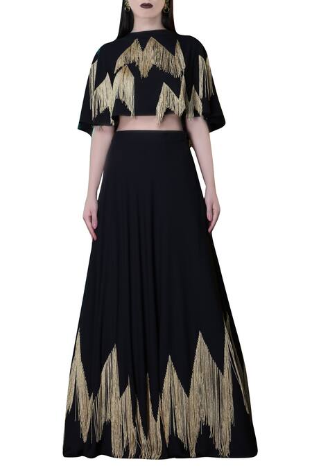 Ohaila Khan_Black Georgette Embroidered Fringe Tassel Work Lehenga  _Online_at_Aza_Fashions