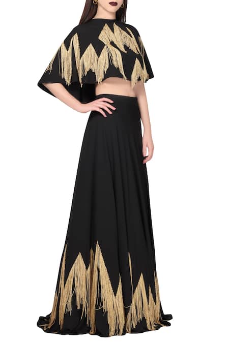 Buy_Ohaila Khan_Black Georgette Embroidered Fringe Tassel Work Lehenga  _Online_at_Aza_Fashions