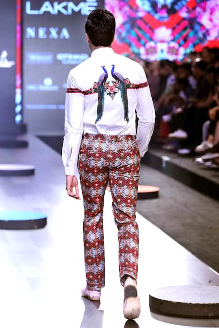 Shop MR. Ajay Kumar White Cotton Digital Print Animal And Floral Shirt at Aza Fashions Shop_MR. Ajay Kumar_White Cotton Digital Print Animal And Floral Shirt _at_Aza_Fashions