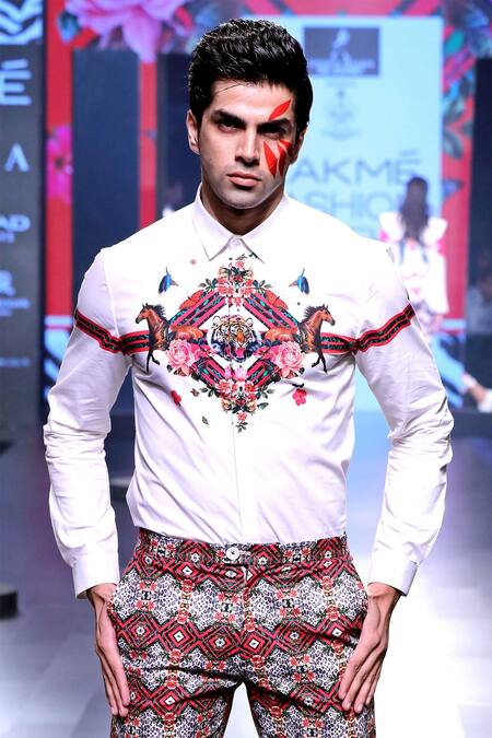 MR. Ajay Kumar White Cotton Digital Print Animal And Floral Shirt Online at Aza Fashions MR. Ajay Kumar_White Cotton Digital Print Animal And Floral Shirt _Online_at_Aza_Fashions