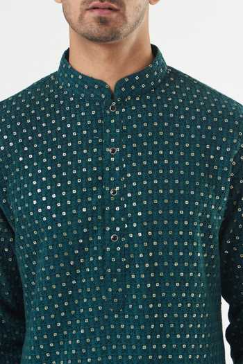 Kasbah_Green Georgette, Cotton Sequins Chikankari Shaded Kurta Set _Online_at_Aza_Fashions