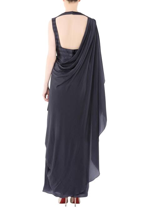 Shop_NIDHIKA SHEKHAR_Blue Embroidered Draped Gown _at_Aza_Fashions