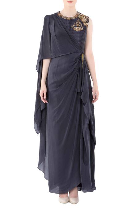 NIDHIKA SHEKHAR_Blue Embroidered Draped Gown _Online_at_Aza_Fashions