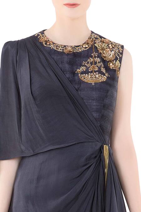 Buy_NIDHIKA SHEKHAR_Blue Embroidered Draped Gown _Online_at_Aza_Fashions