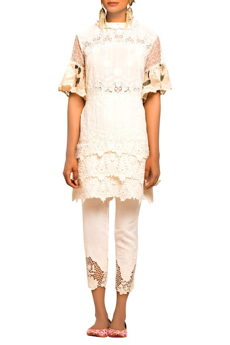 Nitya Bajaj White Lace Embroidered Kurta Set For Women