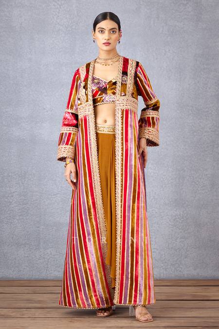 Torani_Yellow Velvet And Crepe Digital Aftaabi Adilah Cape & Dhoti Pant Set _Online_at_Aza_Fashions