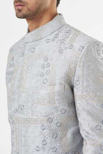 Kasbah_Blue Silk Embroidery Floral Sherwani Set _Online_at_Aza_Fashions