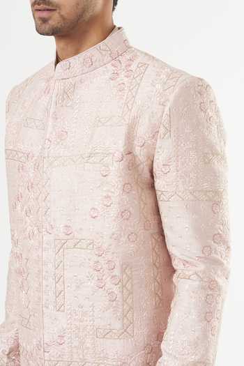 Kasbah_Pink Silk Embroidery Floral Sherwani Set _Online_at_Aza_Fashions