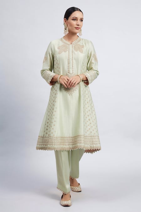 Buy_Sheetal Batra_Green Kurta Chanderi  Salwar - Bamber Satin Dupatta Naazira Set_Online_at_Aza_Fashions
