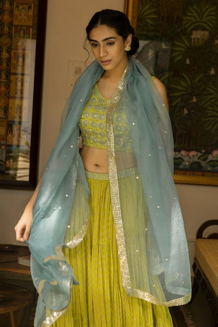 Buy_Surbhi Gupta_Green Organza, Georgette, Cotton Silk V Neck Printed Lehenga Set _Online_at_Aza_Fashions