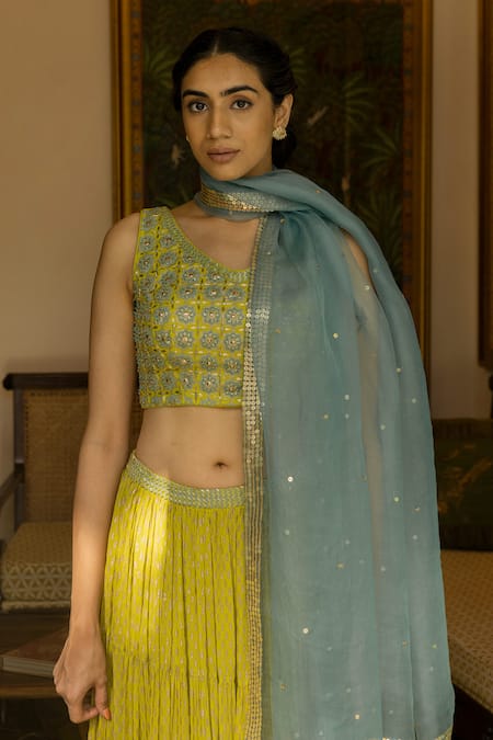 Shop_Surbhi Gupta_Green Organza, Georgette, Cotton Silk V Neck Printed Lehenga Set _Online_at_Aza_Fashions