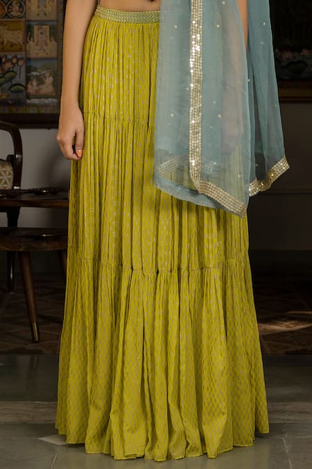 Surbhi Gupta_Green Organza, Georgette, Cotton Silk V Neck Printed Lehenga Set _at_Aza_Fashions