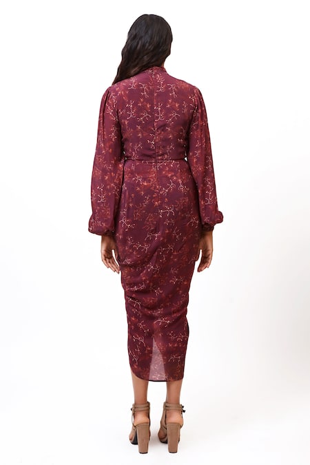 Shop Ankita Dharman Purple Georgette Mandarin Collar Floral Print Draped Dress at Aza Fashions Shop_Ankita Dharman_Purple Georgette Mandarin Collar Floral Print Draped Dress _at_Aza_Fashions