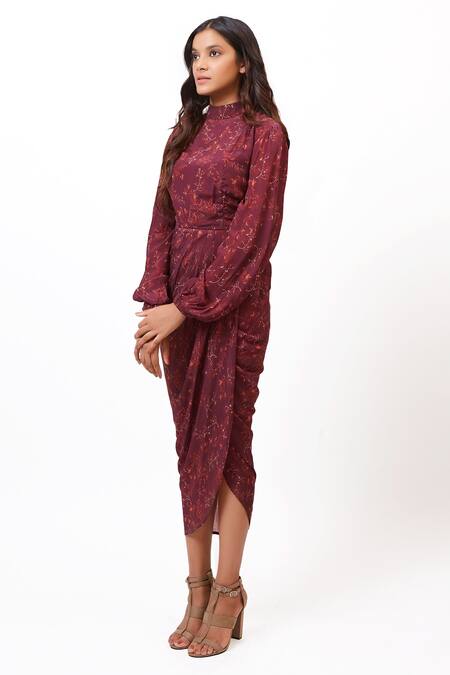 Buy Ankita Dharman Purple Georgette Mandarin Collar Floral Print Draped Dress Online at Aza Fashions Buy_Ankita Dharman_Purple Georgette Mandarin Collar Floral Print Draped Dress _Online_at_Aza_Fashions