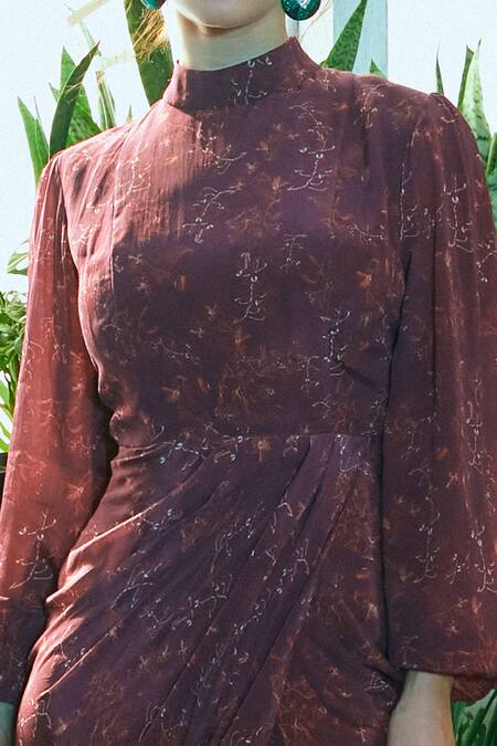 Shop Ankita Dharman Purple Georgette Mandarin Collar Floral Print Draped Dress Online at Aza Fashions Shop_Ankita Dharman_Purple Georgette Mandarin Collar Floral Print Draped Dress _Online_at_Aza_Fashions