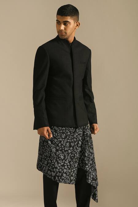 Shop_Dhruv Vaish_Black Cotton Silk Textured Bandhgala _Online_at_Aza_Fashions