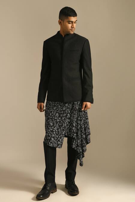 Buy_Dhruv Vaish_Black Cotton Silk Textured Bandhgala _Online_at_Aza_Fashions