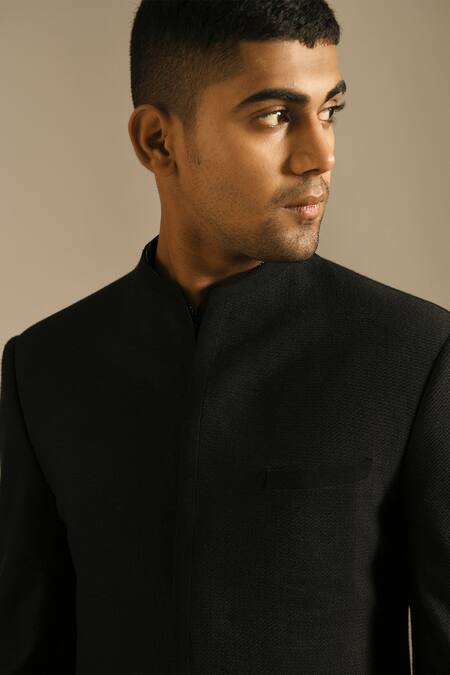 Dhruv Vaish_Black Cotton Silk Textured Bandhgala _at_Aza_Fashions