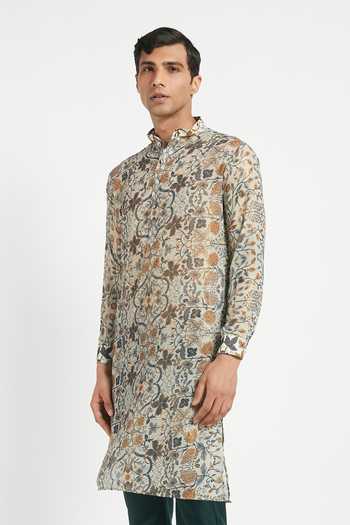 Rabani & Rakha_Grey Kurta Foil Georgette Pant Cotton Silk Printed Set _Online_at_Aza_Fashions