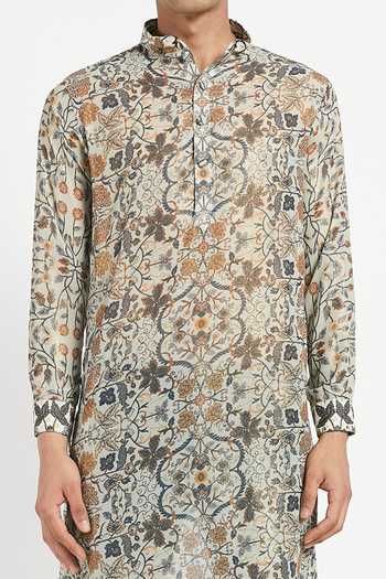 Buy_Rabani & Rakha_Grey Kurta Foil Georgette Pant Cotton Silk Printed Set _Online_at_Aza_Fashions