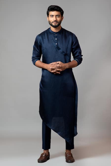 PAARSH_Blue Kurta Linen Satin Pajama Pant Malai Cotton Asymmetric Set _Online_at_Aza_Fashions