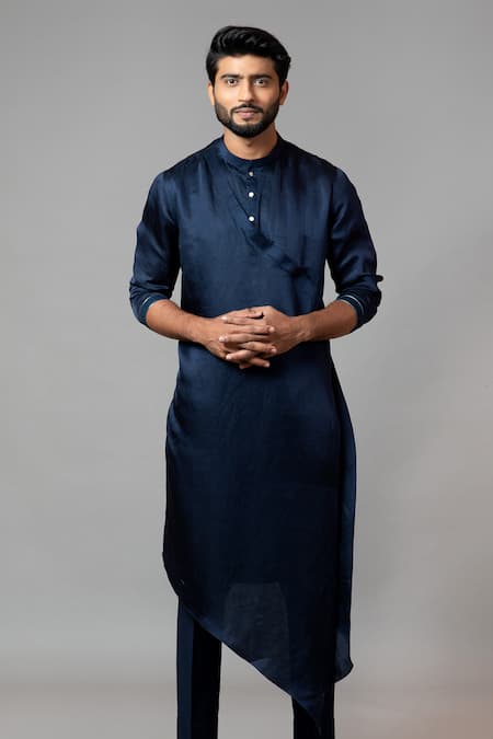 Buy_PAARSH_Blue Kurta Linen Satin Pajama Pant Malai Cotton Asymmetric Set _Online_at_Aza_Fashions