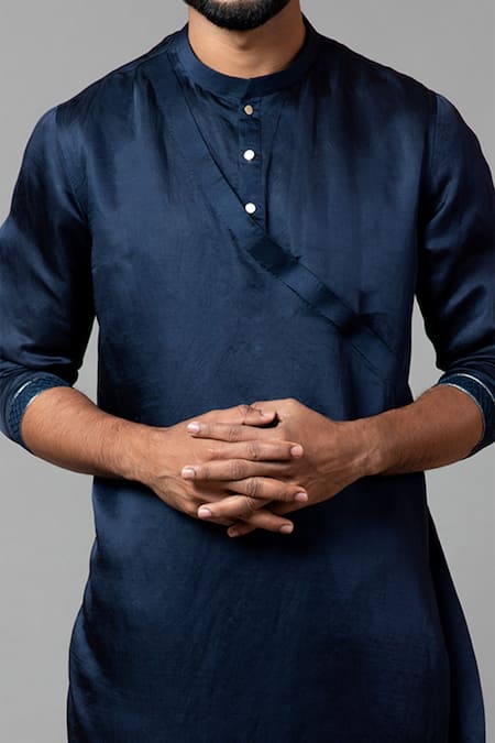 Shop_PAARSH_Blue Kurta Linen Satin Pajama Pant Malai Cotton Asymmetric Set _Online_at_Aza_Fashions