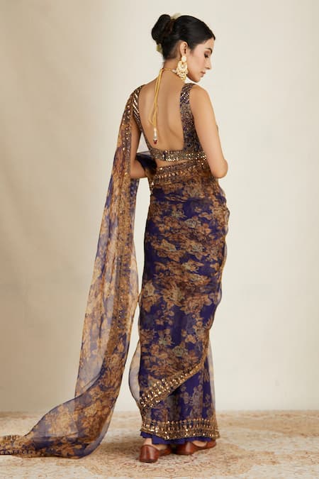 Astha Narang_Purple Organza, Crepe Floral Print Saree Set _Online_at_Aza_Fashions