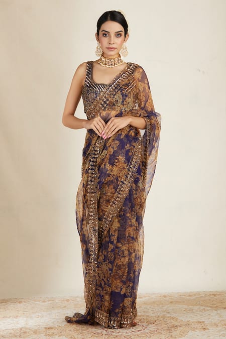 Buy_Astha Narang_Purple Organza, Crepe Floral Print Saree Set _Online_at_Aza_Fashions