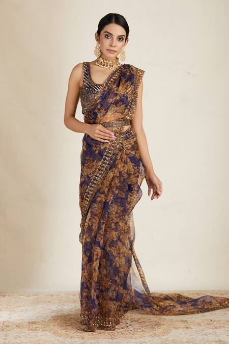 Shop_Astha Narang_Purple Organza, Crepe Floral Print Saree Set _Online_at_Aza_Fashions