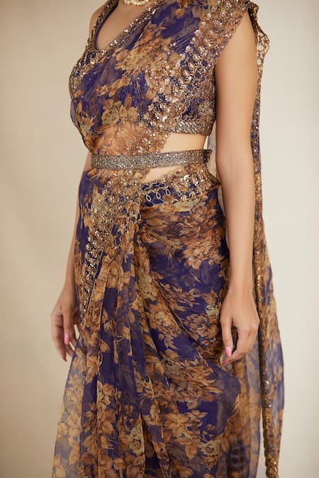 Astha Narang_Purple Organza, Crepe Floral Print Saree Set _at_Aza_Fashions