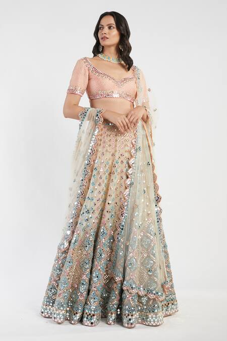 Abhinav Mishra_Multi Color Blouse Raw Silk Dupatta And Lehenga Mirror Embellished Bridal Set_Online_at_Aza_Fashions