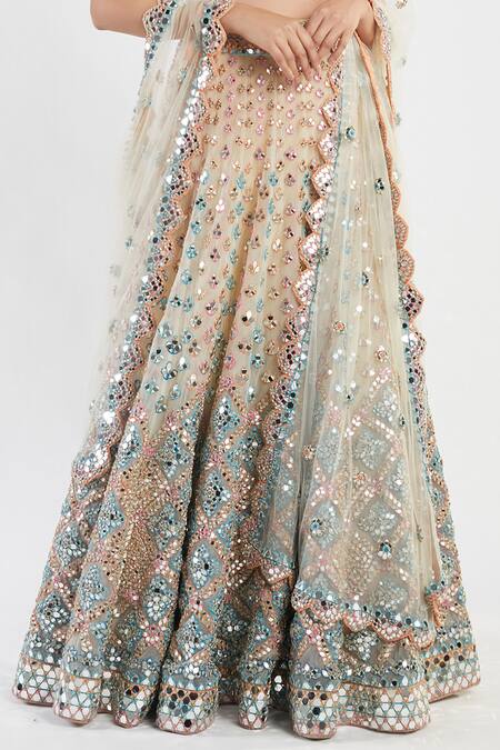 Buy_Abhinav Mishra_Multi Color Blouse Raw Silk Dupatta And Lehenga Mirror Embellished Bridal Set_Online_at_Aza_Fashions