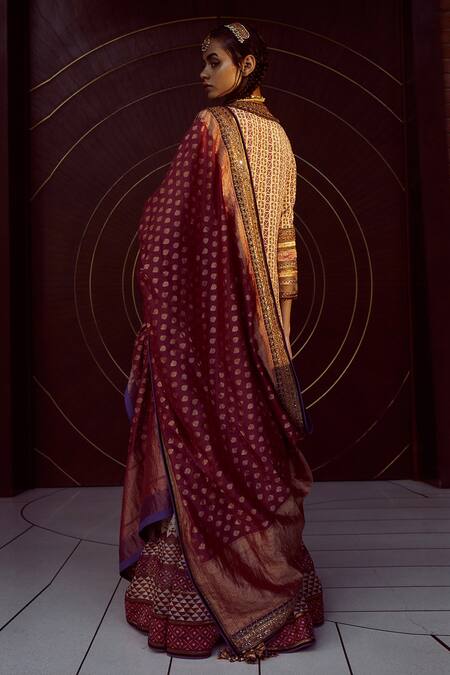 Shop_Tarun Tahiliani_Pink Dupatta-brocade, Kurta- Cotton Crepe, Sharara-silk Organza Print Set_at_Aza_Fashions