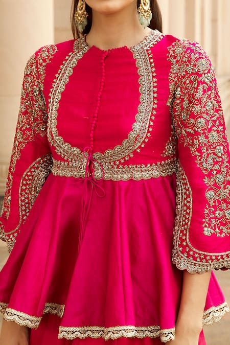 Buy_Jayanti Reddy_Pink Raw Silk Round Embroidered Kurta Bridal Lehenga Set _Online_at_Aza_Fashions