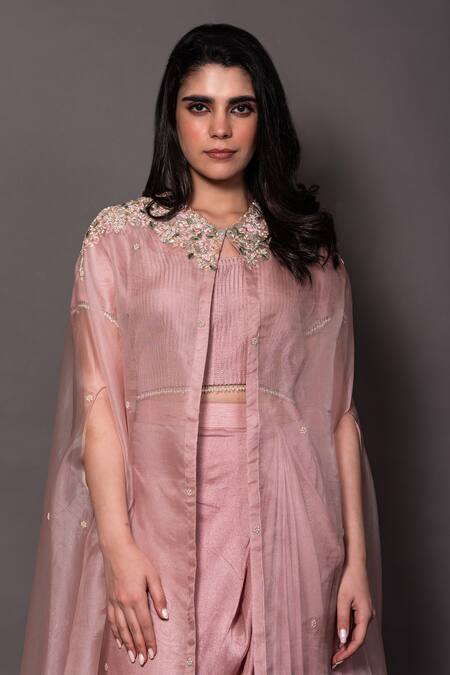 Vara By Vibha N Priti_Pink Silk Pearls, Zari, Sequins Round Floral Embroidered Cape Draped Skirt Set _Online_at_Aza_Fashions