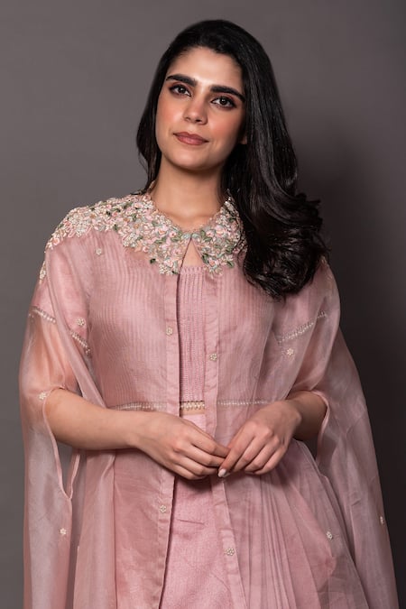 Buy_Vara By Vibha N Priti_Pink Silk Pearls, Zari, Sequins Round Floral Embroidered Cape Draped Skirt Set _Online_at_Aza_Fashions