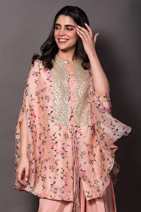 Vara By Vibha N Priti_Peach Silk Cut Work Round Neck Printed Cape Draped Skirt Set _Online_at_Aza_Fashions