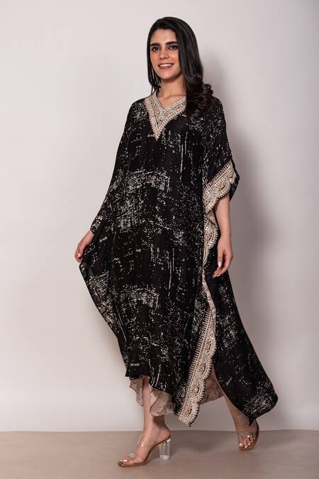Vara By Vibha N Priti_Black Silk Sequins, Mirrors, Abstract Dot Print Kaftan With Drape Skirt _Online_at_Aza_Fashions