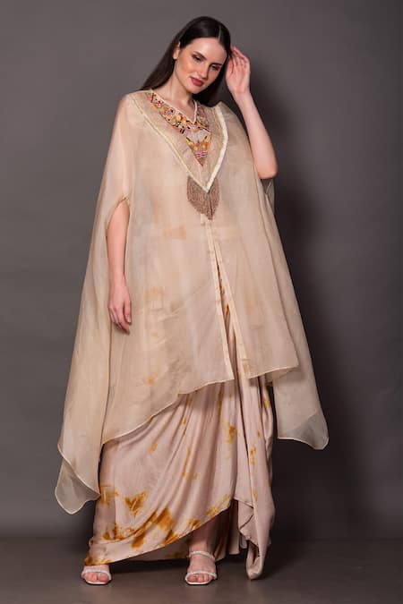 Vara By Vibha N Priti_Ivory Satin, Modal Sequins, Pearls, Zari Embroidered Cape Draped Skirt Set _Online_at_Aza_Fashions