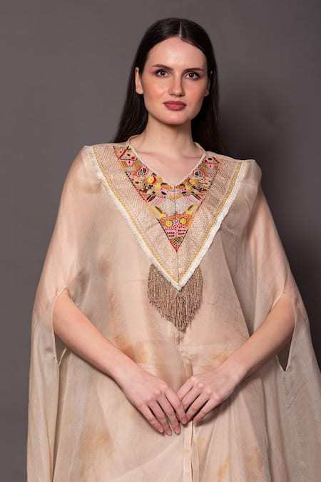 Buy_Vara By Vibha N Priti_Ivory Satin, Modal Sequins, Pearls, Zari Embroidered Cape Draped Skirt Set _Online_at_Aza_Fashions