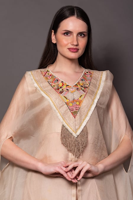 Shop_Vara By Vibha N Priti_Ivory Satin, Modal Sequins, Pearls, Zari Embroidered Cape Draped Skirt Set _Online_at_Aza_Fashions
