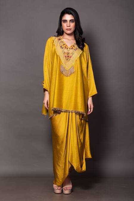Vara By Vibha N Priti_Yellow Satin, Silk Sequins, Zari, Pearls Embroidered Tunic And Draped Skirt Set _Online_at_Aza_Fashions