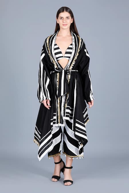 Buy_Gulabo By Abu Sandeep_Black Cotton Cambric Striped V Neck Bralette_Online_at_Aza_Fashions