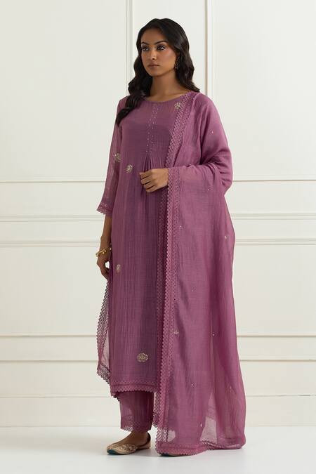 Shop_Ikshita Choudhary_Purple Chanderi Hand Embroidery Floral Bloom Motif Round Neck Kurta_Online_at_Aza_Fashions