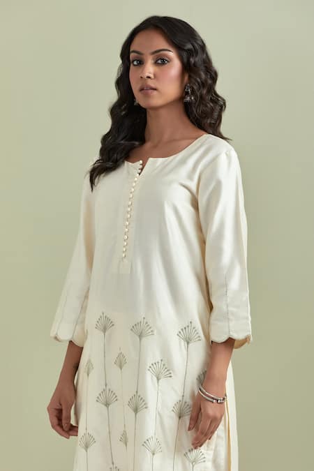 Buy Priya Chaudhary Off White Chanderi Silk Sequins Split V-neck Floral Embroidered Kurta And Pant Set Online at Aza Fashions Buy_Priya Chaudhary_Off White Chanderi Silk Sequins Split V-neck Floral Embroidered Kurta And Pant Set _Online_at_Aza_Fashions