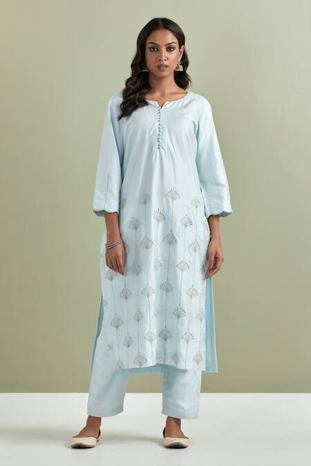 Priya Chaudhary Blue Chanderi Silk, Kota Doria Pearls, Cut Work Floral Embroidered Kurta Set Online at Aza Fashions Priya Chaudhary_Blue Chanderi Silk, Kota Doria Pearls, Cut Work Floral Embroidered Kurta Set _Online_at_Aza_Fashions